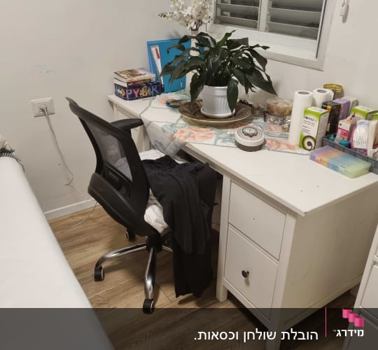 שולחן כתיבה עם כיסא, צמחים ומוצרי נייר